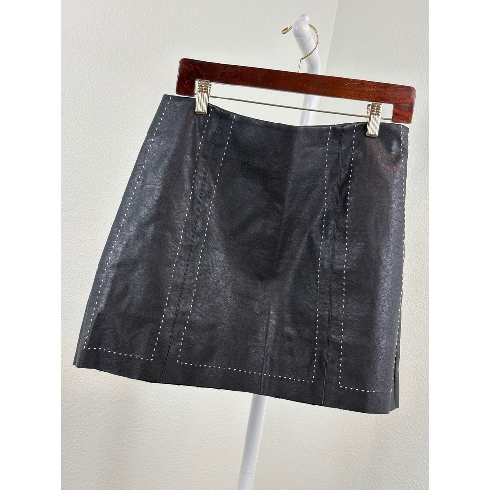 Altar'd State Black Faux Leather Mini Skirt White Contrast Stitching Large